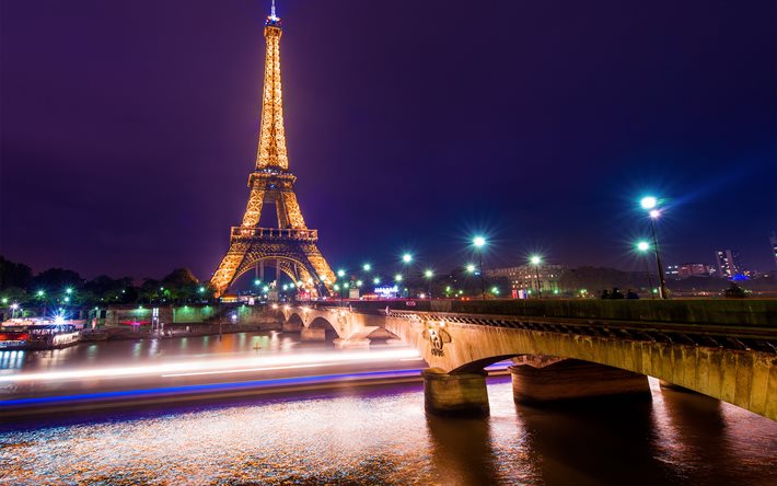 La Torre Eiffel, puente, noche, luces, París, Francia
