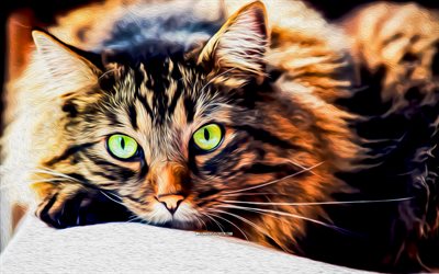painted cat, 4k, artwork, green eyes, pets, cats, abstract cat, abstract animals, painted art