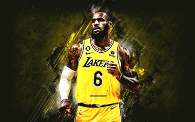 LeBron James, Los Angeles Lakers, portrait, american basketball player, NBA, USA, grunge art, yellow stone background, baseball