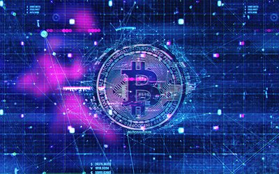 4k, bitcoin résumé logo, cyberpunk, contexte abstrait violet, art numérique, bitcoin cyberpunk, crypto monnaies, croquis de logo, logo bitcoin, ouvrages d'art, bitcoin
