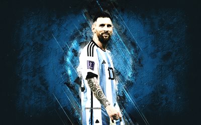 ليونيل ميسي, فريق كرة القدم الوطني الأرجنتين, لاعب كرة القدم الأرجنتيني, لاعب مهاجم, لَوحَة, خلفية الجرونج الأزرق, الأرجنتين, كرة القدم, ليو ميسي