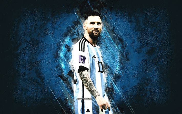 ليونيل ميسي, فريق كرة القدم الوطني الأرجنتين, لاعب كرة القدم الأرجنتيني, لاعب مهاجم, لَوحَة, خلفية الجرونج الأزرق, الأرجنتين, كرة القدم, ليو ميسي