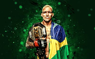 Charles Oliveira, 4k, green neon lights, UFC, brazilian fighters, creative, Ultimate Fighting Championship, green abstract background, Charles Oliveira with belt, Charles Oliveira da Silva, Do Bronx, Charles Oliveira with flag, fighters, Charles Oliveira 4K