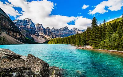 El lago Louise, verano, montaña, Johnston Canyon, HDR, Alberta, Canadá, el Parque Nacional de Banff