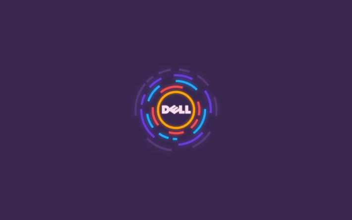 logotipo de dell, 4k, anillos de colores, creativo, minimalismo, fondos violetas, minimalismo de dell, dell