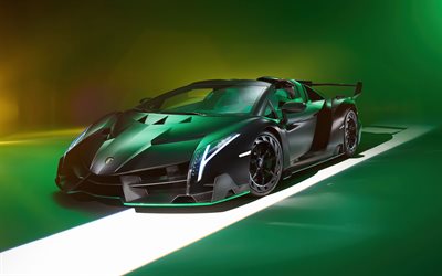 Lamborghini Veneno Roadster, 4k, hypercars, 2022 cars, Green Lamborghini Veneno, supercars, 2022 Lamborghini Veneno, italian cars, Lamborghini