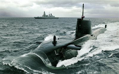hms astute, royal navy, submarino de ataque de propulsión nuclear británico, buques de guerra, clase astute, hms dauntless, d33, british royal navy, destructor de defensa aérea británico, clase daring