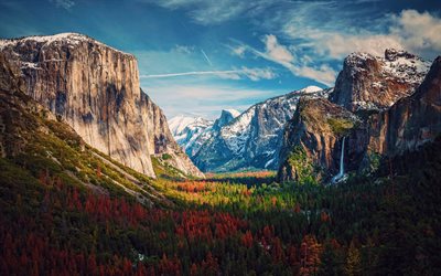 parque nacional de yosemite, 4k, outono, vale, montanhas, califórnia, américa, eua, bela natureza, floresta, marcos americanos