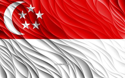 4k, 싱가포르 국기, 물결 모양의 3d 플래그, 아시아 국가, 싱가포르의 국기, 싱가포르의 날, 3d 파도, 아시아, 싱가포르 국가 상징, 싱가포르