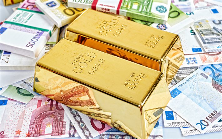 4k, gold bars, gold on money, deposit in gold, finance concepts, gold bullion, money, gold, kilo gold bar, euro banknotes, euro currency, money to gold transfer