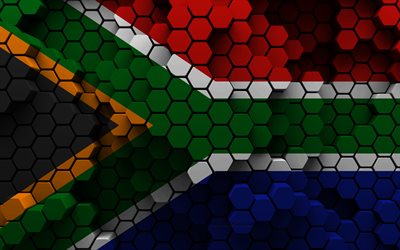 4k, bandera de sudáfrica, fondo hexagonal 3d, bandera 3d de sudáfrica, día de sudáfrica, textura hexagonal 3d, símbolos nacionales de sudáfrica, sudáfrica, países africanos