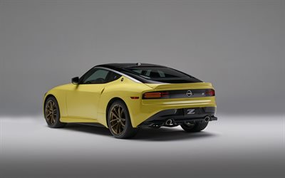 2023, nissan z, 4k, vista posteriore, esterno, coupé sportiva gialla, nissan z gialla, auto sportive giapponesi, nissan