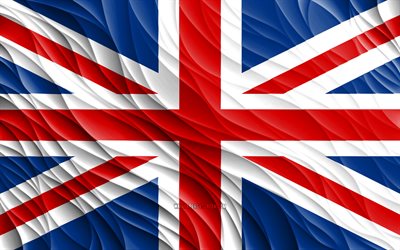 4k, britannian lippu, aaltoilevat 3d-liput, union jack, euroopan maat, yhdistyneen kuningaskunnan lippu, yhdistyneen kuningaskunnan päivä, 3d-aallot, eurooppa, yhdistyneen kuningaskunnan kansalliset symbolit, iso-britannia