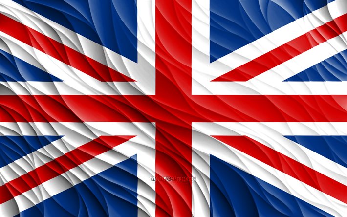4k, علم بريطانيا, أعلام 3d متموجة, الاتحاد جاك, الدول الأوروبية, علم المملكة المتحدة, يوم المملكة المتحدة, موجات ثلاثية الأبعاد, أوروبا, الرموز الوطنية للمملكة المتحدة, المملكة المتحدة