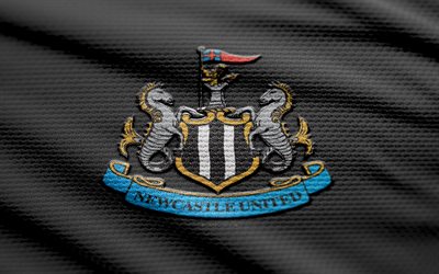 Newcastle United fabric logo, 4k, black fabric background, Premier League, bokeh, soccer, Newcastle United logo, football, Newcastle United emblem, english football club, Newcastle United FC