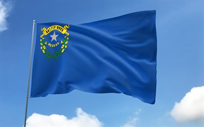 フラッグポールのネバダ州の旗, 4k, アメリカの州, 青空, ネバダ州の旗, 波状のサテンの旗, 米国の状態, 旗のある旗竿, アメリカ, ネバダの日, アメリカ合衆国, ネバダ