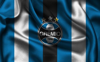 4k, Gremio logo, black blue white silk fabric, Brazilian football team, Gremio emblem, Brazilian Serie A, Gremio, Brazil, football, Gremio flag, soccer, Gremio FC