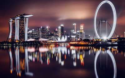 मरीना खाड़ी की रेत, सिंगापुर, रात, मरीना बे, शहर की रोशनी, सिंगापुर लैंडमार्क, सिंगापुर स्काईलाइन, सिंगापुर सिटीस्केप, आधुनिक वास्तुकला, महानगर