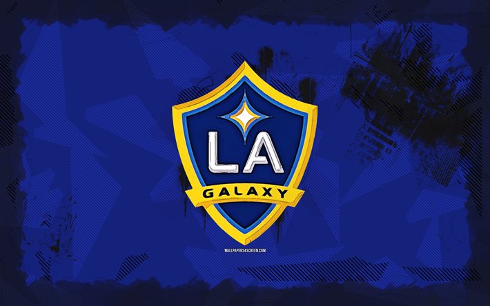 los angeles galaxy grunge logo, 4k, ml, blå grunge bakgrund, fotboll, los angeles galaxy emblem, los angeles galaxy  logotyp, amerikansk fotbollsklubb, los angeles galaxy fc, la galaxy