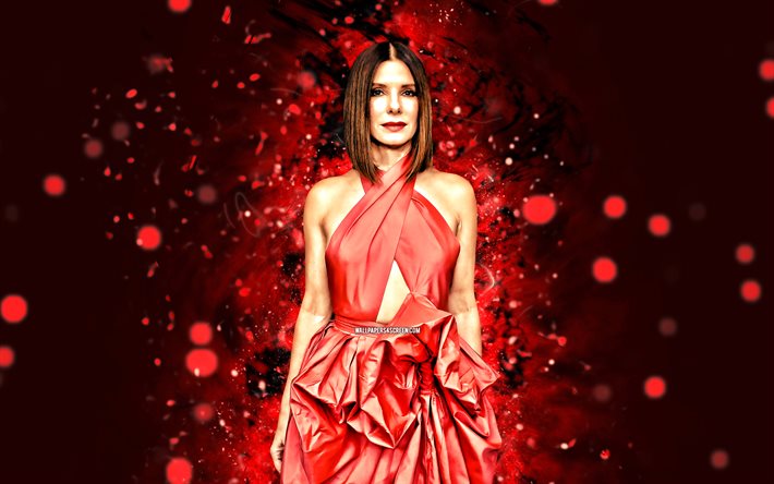 sandra bullock, 4k, röda neonljus, amerikansk skådespelerska, filmstjärnor, röd klänning, hollywood, röd abstrakt bakgrund, amerikansk kändis, sandra bullock 4k