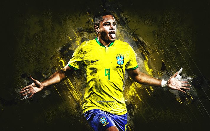 vitor roque, equipe de futebol nacional brasileiro, jogador de futebol brasileiro, retrato, fundo de pedra amarela, brasil, futebol