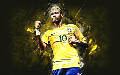 neymar, brasilien  nationalfußballmannschaft, brasilianischer fußballspieler, gelber steinhintergrund, fußball, grunge  kunst, neymar jr
