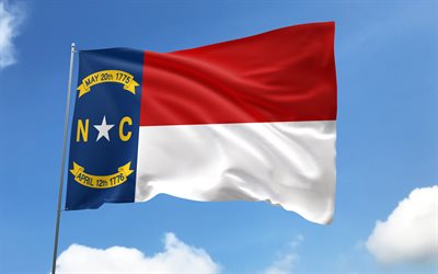 North Carolina flag on flagpole, 4K, american states, blue sky, flag of North Carolina, wavy satin flags, North Carolina flag, US States, flagpole with flags, United States, Day of North Carolina, USA, North Carolina