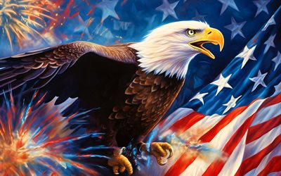 4k, Bald Eagle, Independence Day, painted eagle, USA symbol, artwork, birds of North America, 4th of July, Abstract Bald Eagle, creative, American symbol, Haliaeetus leucocephalus, hawk