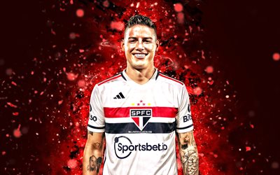 James Rodriguez, 4k, red neon lights, Sao Paulo FC, Colombian footballers, Serie A, James Rodriguez 4K, SPFC, red abstract background, football, James Rodriguez Sao Paulo FC