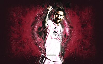 Lionel Messi, Inter Miami CF, MLS, pink grunge background, creative art, USA, world football star, Messi Inter Miami, football