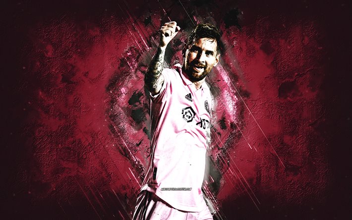 Lionel Messi, Inter Miami CF, MLS, pink grunge background, creative art, USA, world football star, Messi Inter Miami, football