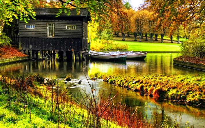 boats, nature, water, the house, trees