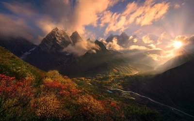 himalaya, le tibet, montagne, coucher de soleil, au tibet, en haut, des arbustes, des nuages, automne, brouillard, l'himalaya, les rayons du soleil, paysage, aube, pic enneigé