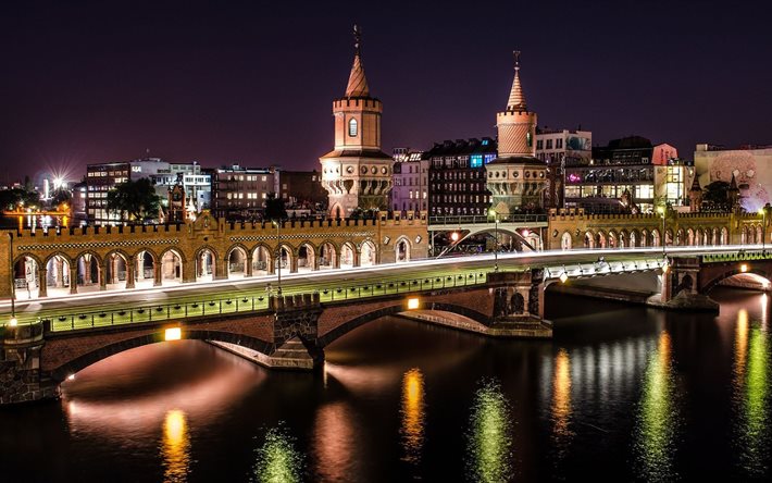 gece, şehir, köprü, ışıklar, kule, bina, berlin, Almanya