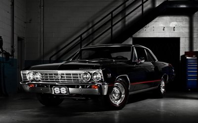 chevrolet chevelle, 396, cupê 1967, preto, muscle cars, garagem
