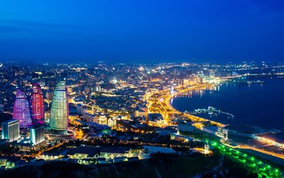 gratte-ciel, la ville, la nuit, la flamme de tours, bakou, azerbaïdjan