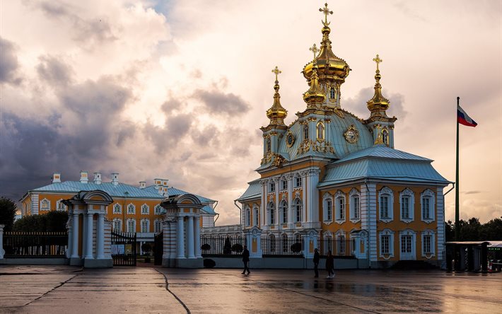 peterhof palace, flag, dome, area, st petersburg, russia, architecture