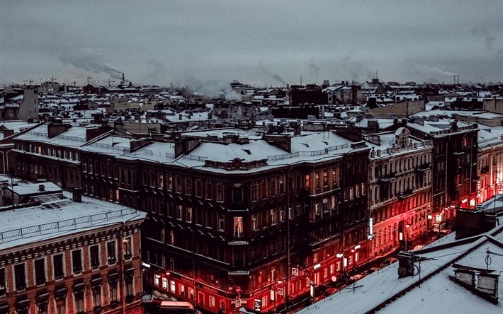st petersburgo, por la noche, techo, casa, edificio, la nieve, la ciudad, rusia