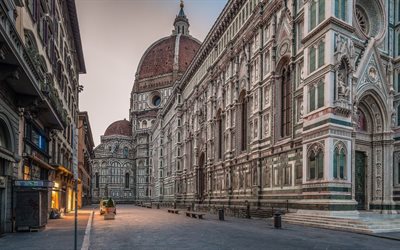 old building, town, street, architecture, florence, italy, lights, gothic architecture, the city, bench, europe, the old building, cathedral
