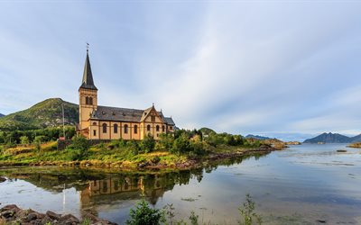 catholic cathedral, water, norway, church, lofoten islands, the church of lofoten, architecture