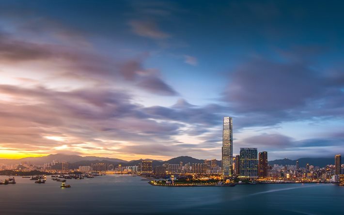 the city, the sky, boat, water, skyscraper, hong kong, sunset