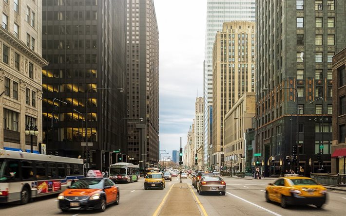 hastighet, skyskrapor, rörelse, gata, trafikljuset, bussen, chicago, usa