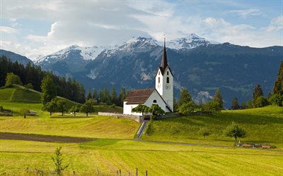 field, queen of grisons, the church, mountains, snow, switzerland