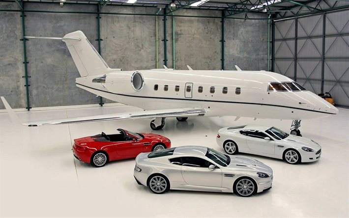hangar, aston martin dbs, la voiture, la db9 volante, aston martin, la v8 vantage, l'avion, le jet