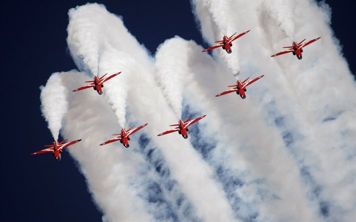 military, group, red, airplanes, vehicles, aerobatics, the sky, aircrafts, jets, flight, trail