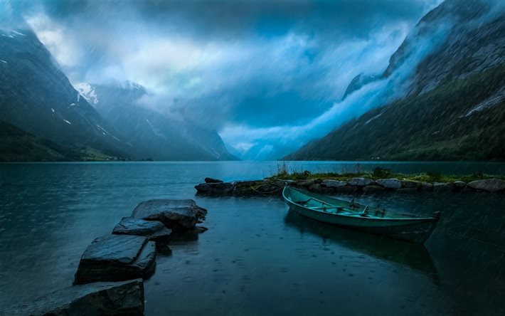 霧, 湖, 山, ノルウェー, 山々, 雨の, 雨, 風景, 青, ボート, 自然, 水, ミスト
