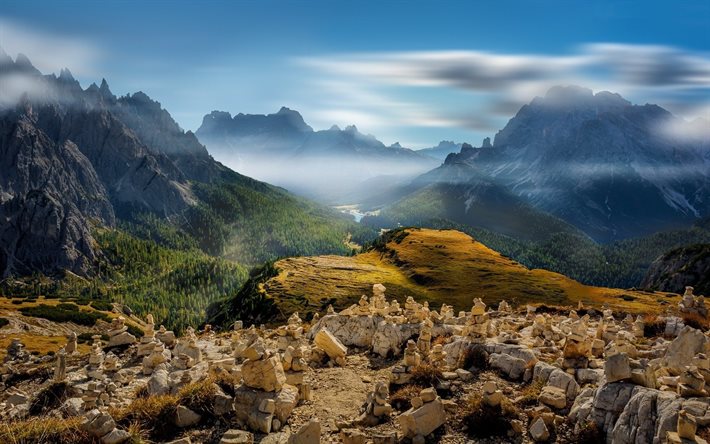 summer, italy, forest, stones, mountain, mist, mountains, valley, nature, fog, landscape