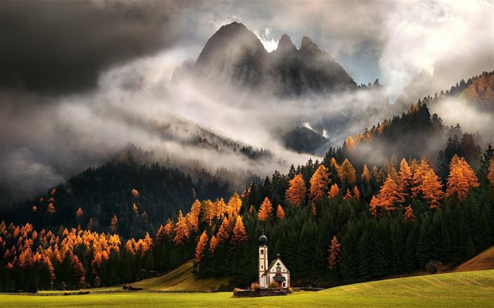 italy, alps, church, clouds, landscape, the church, mountain, forest, fall, grass