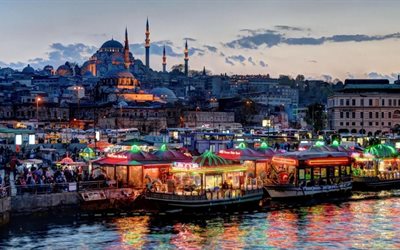 ranta, valot, minareetti, istanbul, kaupunki, turkki