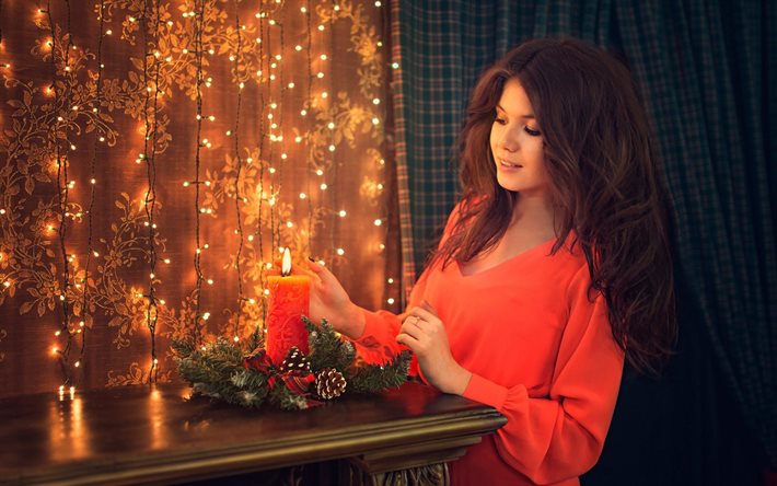 candle, holiday, girl, brunette, long hair, portrait